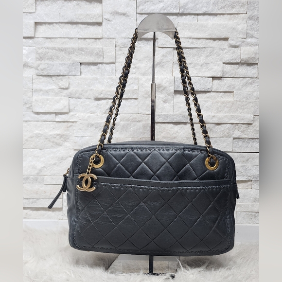 CHANEL Handbags - Rare Vintage Chanel Quilted Blue-Grey Lambskin Shoulder Bag with Gold CC Charm